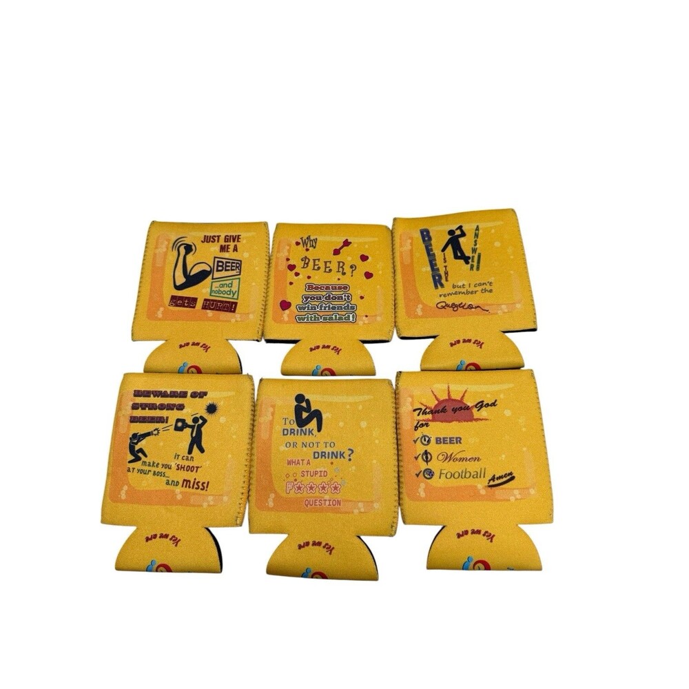 Funny Beer Can Cooler Set Of 6 Neoprene Koozies Drinking Humor Yellow
